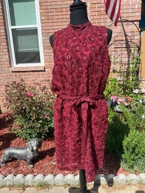 Anthropologie Burgundy Rosette Sleeveless Midi Dress with Waist Tie